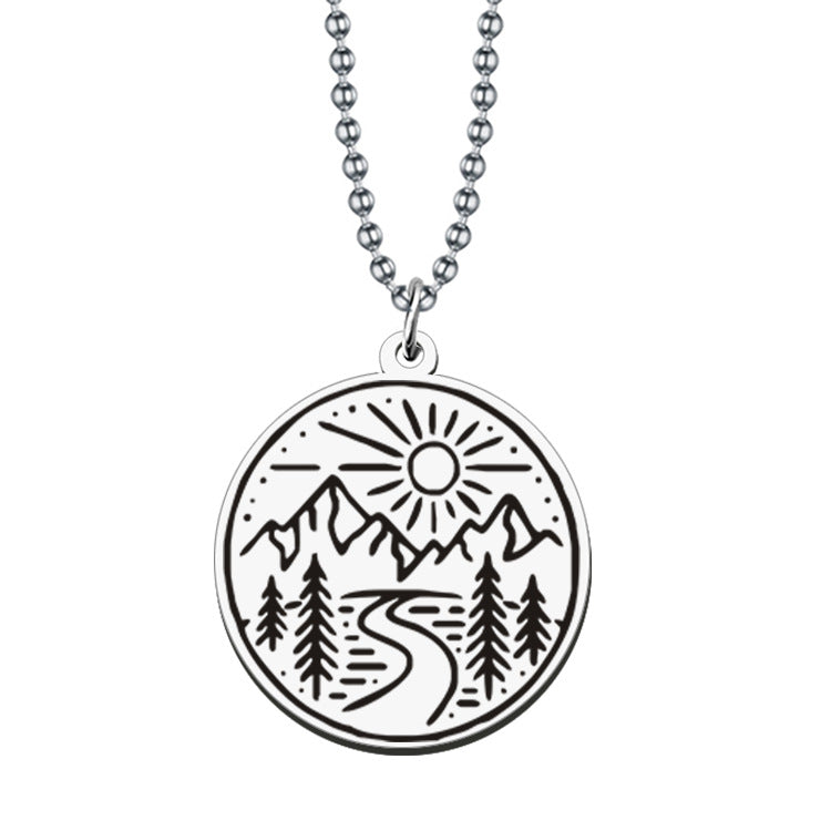 Wholesale Outdoor Travel Scenery Stainless Steel Round Plate Necklace Keychain